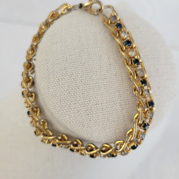 Vintage Gold Tone Rhinestone Link Bracelet Blue Clear Stones 8" Lobster Clasp - Picture 2 of 7